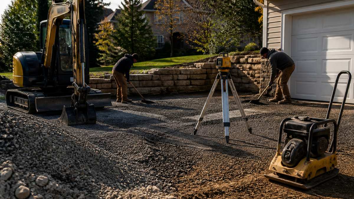 Crew leveling a gravel base for an asphalt driveway using a compact excavator and laser level.